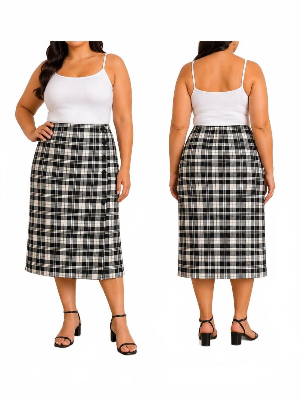 Talbots Petites Vintage 100% Cotton Black White Wrap Skirt Straight Midi Length
